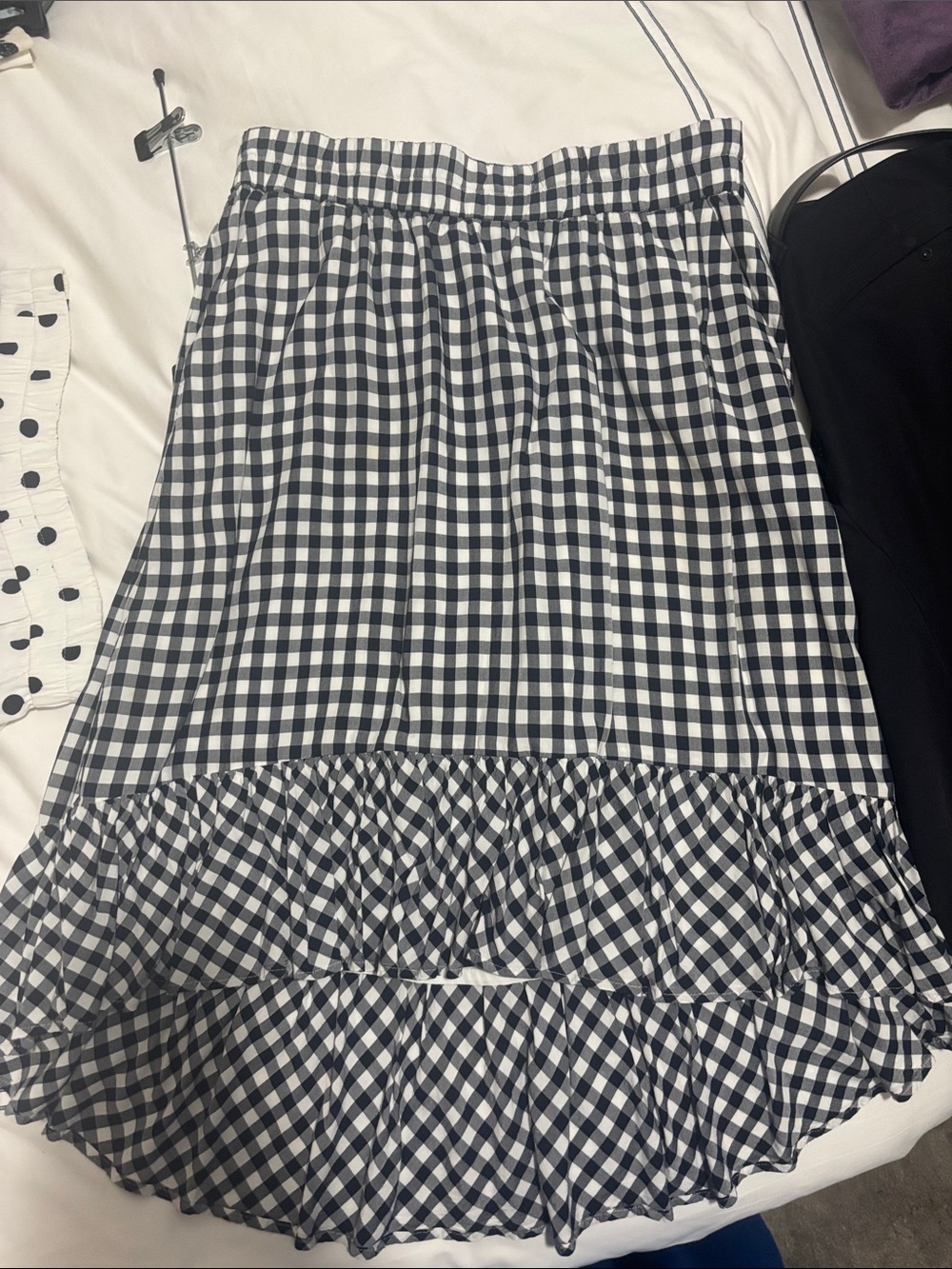 Jcrew Black & White Gingham Ruffle knee length Skirt with high low hem